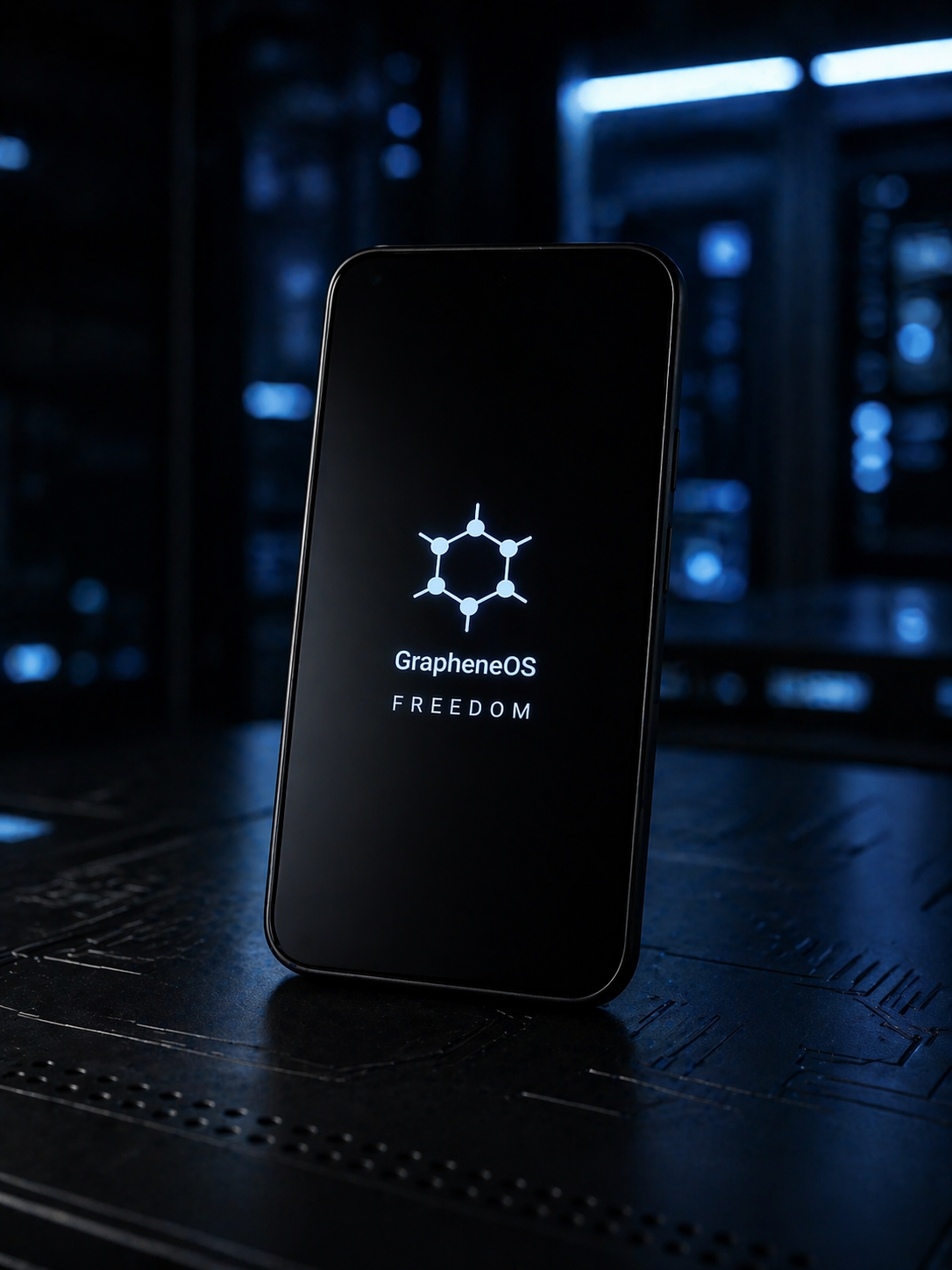 A hardened mobile handset photographed on a dark machined surface, with blurred operations equipment in the background.