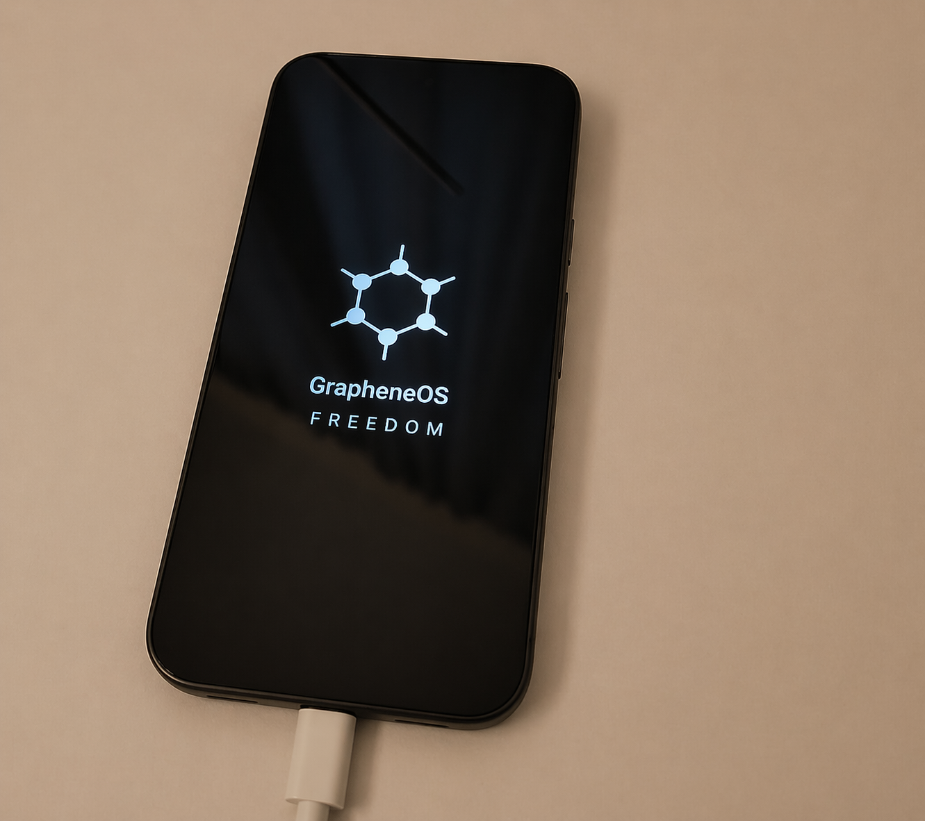 A hardened phone resting on a warm-lit tabletop, charging cable trailing off-frame.