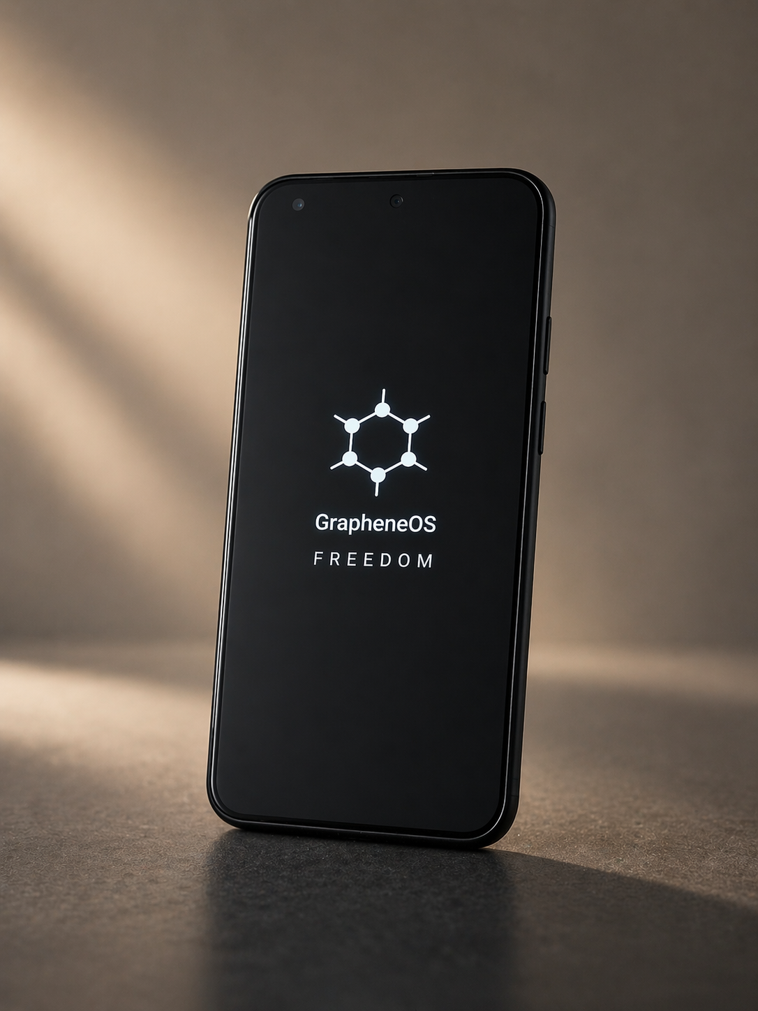 A hardened phone catching late golden-hour light on a stone surface.